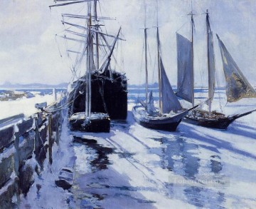 ジョン・ヘンリー・トワクトマン Painting - コネチカット州の海岸の冬の印象派の海景 ジョン・ヘンリー・トワクトマン